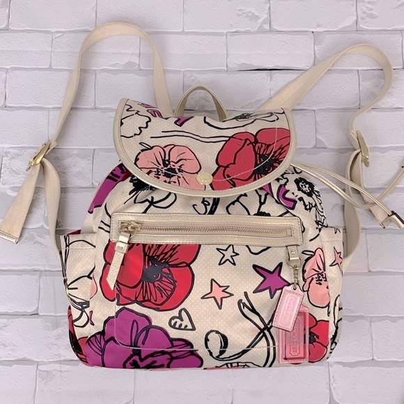 Coach Poppy Floral Fabric backpack Gold pink Medium Drawstring Adjustable Rare - Picture 3 of 17